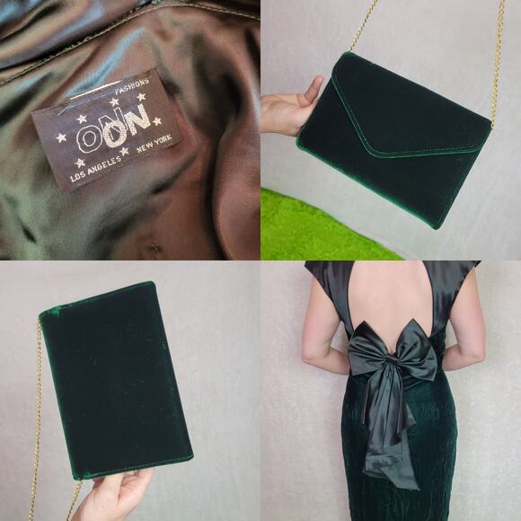 Vintage 80s Green Velvet Party Dress with Matching Clutch Purse - Picture 4 of 4